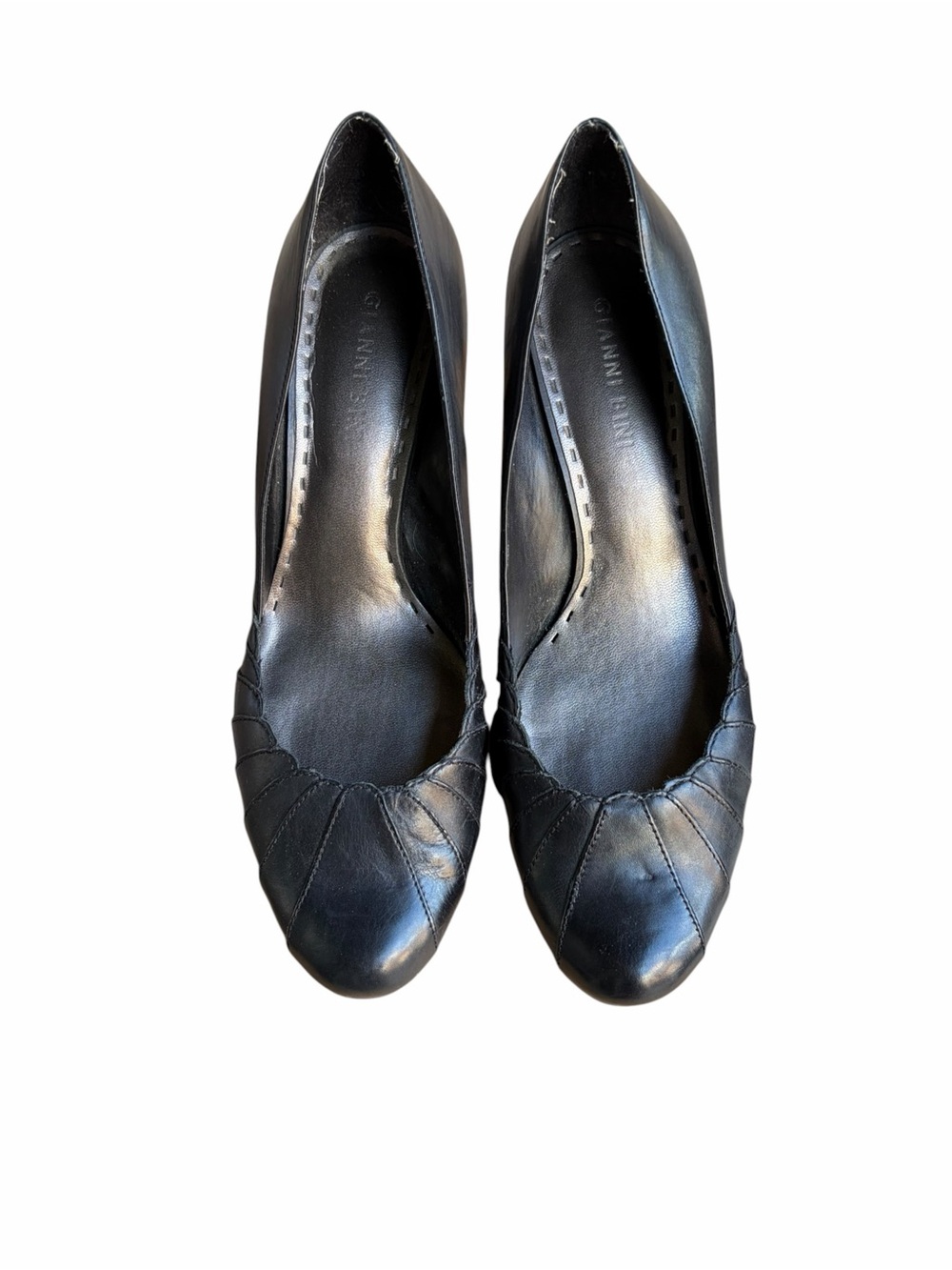 Gianni Bini Black Leather Pleated Sunburst Pin-Tuck Rounded Toe Cone Heels 8M